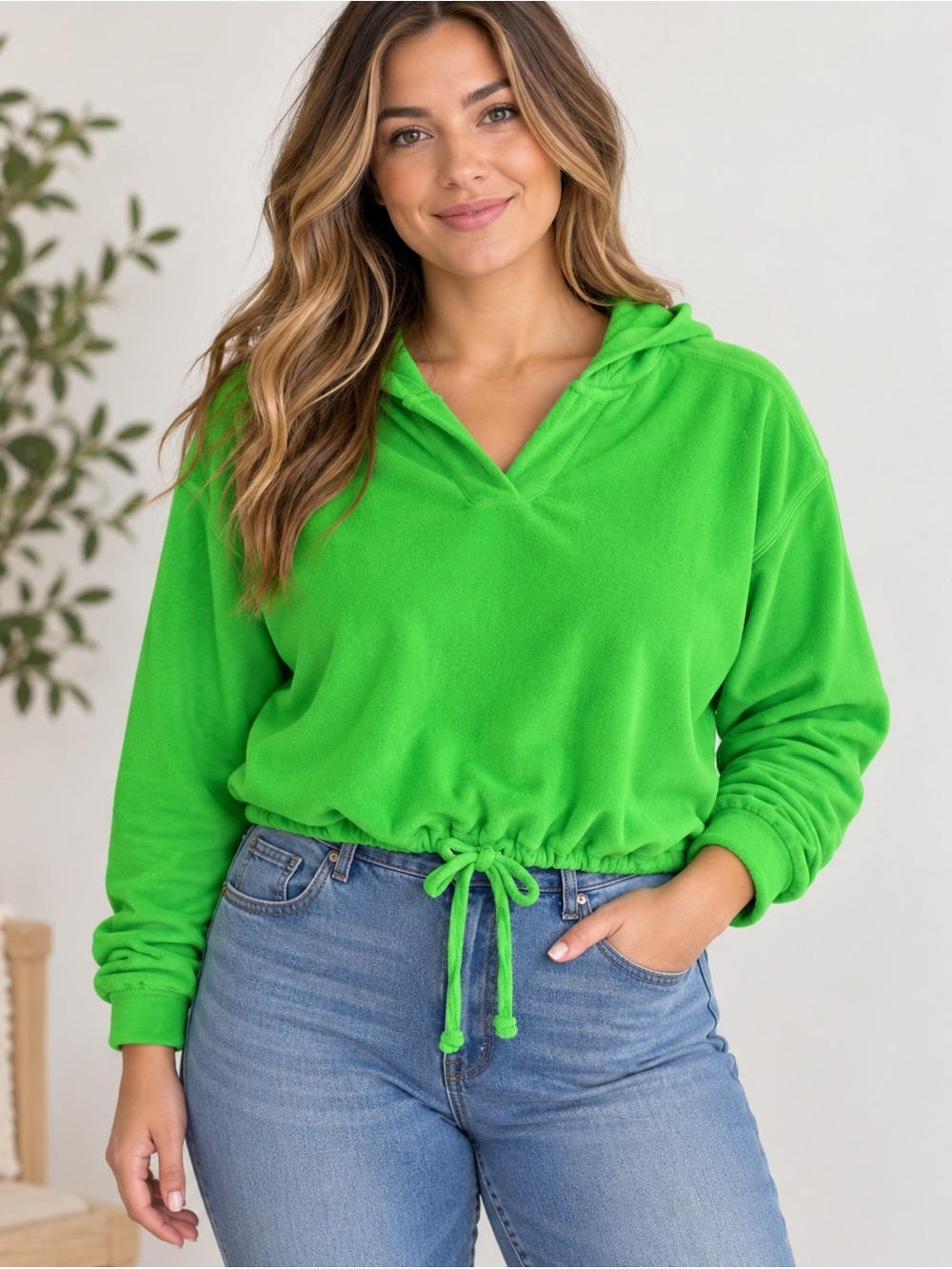 NWT Savage X Fenty Green Terry Hooded Drawstring Pullover Top Size L